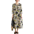 Cotton Linen Vintage Floral Print Dresses For Women