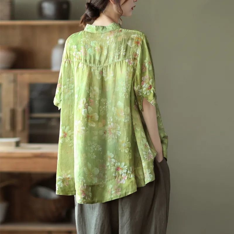 Vintage Digital Printed Cotton Linen Blouse For Women