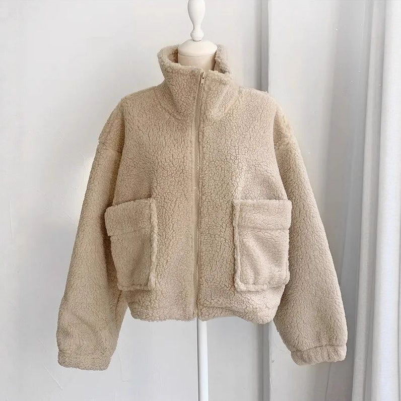 Vintage Semi-high Collar Versatile Thickened Warm Lambswool Coat For Women