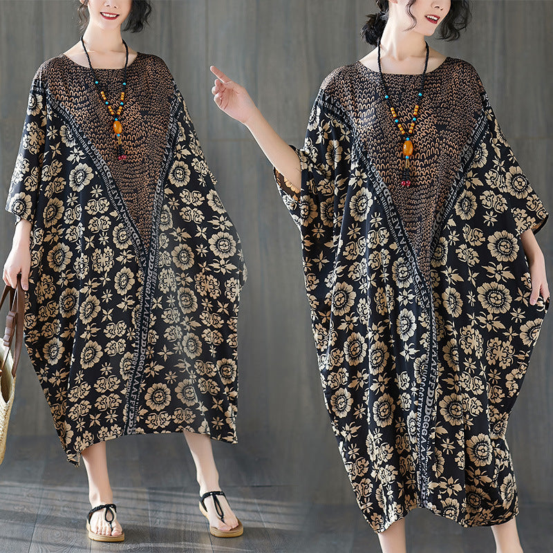 Quality Vintage Floral Print for Women Batwing Long Dress