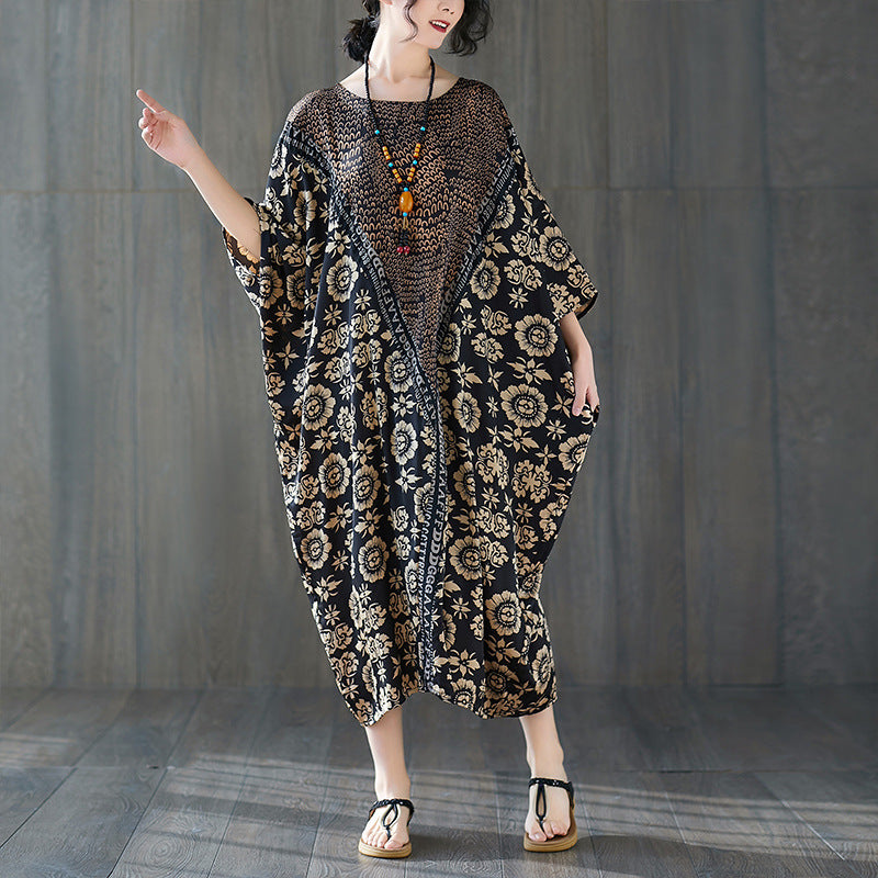 Quality Vintage Floral Print for Women Batwing Long Dress
