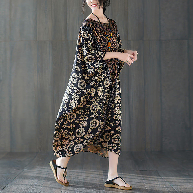 Quality Vintage Floral Print for Women Batwing Long Dress