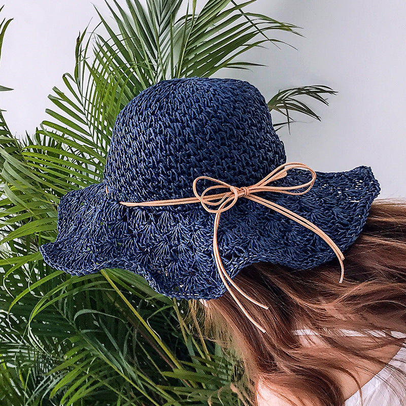 Korean New Style Foldable Raffia Straw Hat Women Handmade Crochet Raffia Straw Hat Hollow Sunscreen Sun Hat