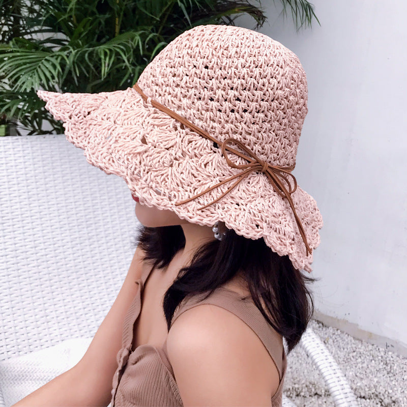 Korean New Style Foldable Raffia Straw Hat Women Handmade Crochet Raffia Straw Hat Hollow Sunscreen Sun Hat