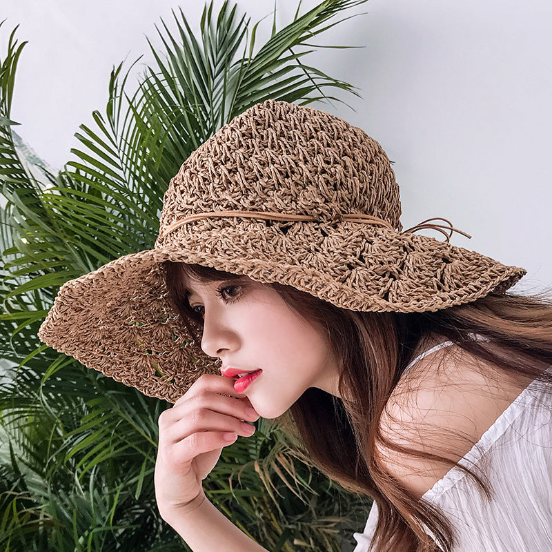 Korean New Style Foldable Raffia Straw Hat Women Handmade Crochet Raffia Straw Hat Hollow Sunscreen Sun Hat