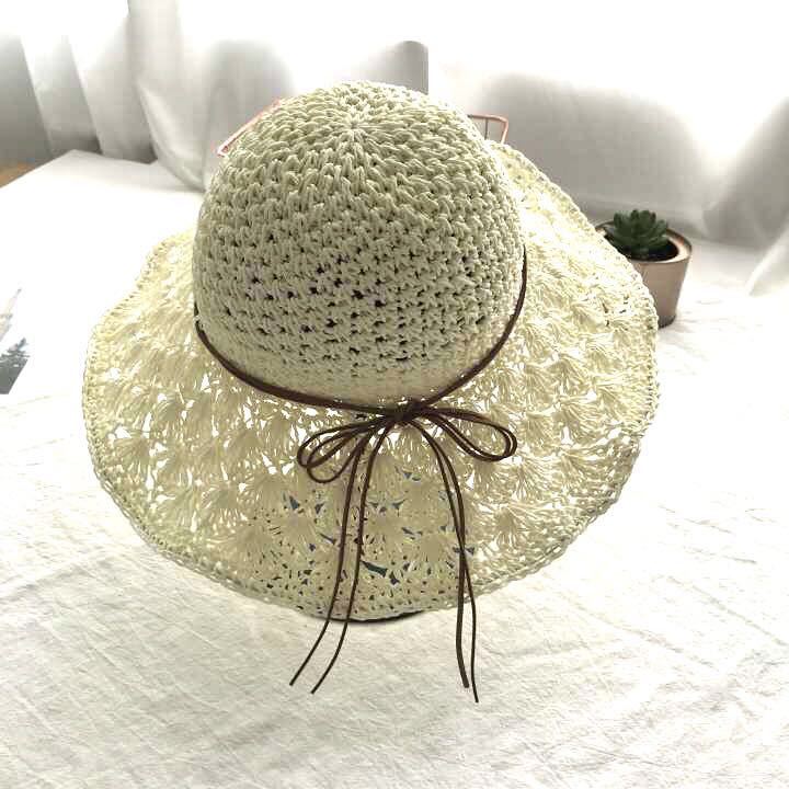 Korean New Style Foldable Raffia Straw Hat Women Handmade Crochet Raffia Straw Hat Hollow Sunscreen Sun Hat