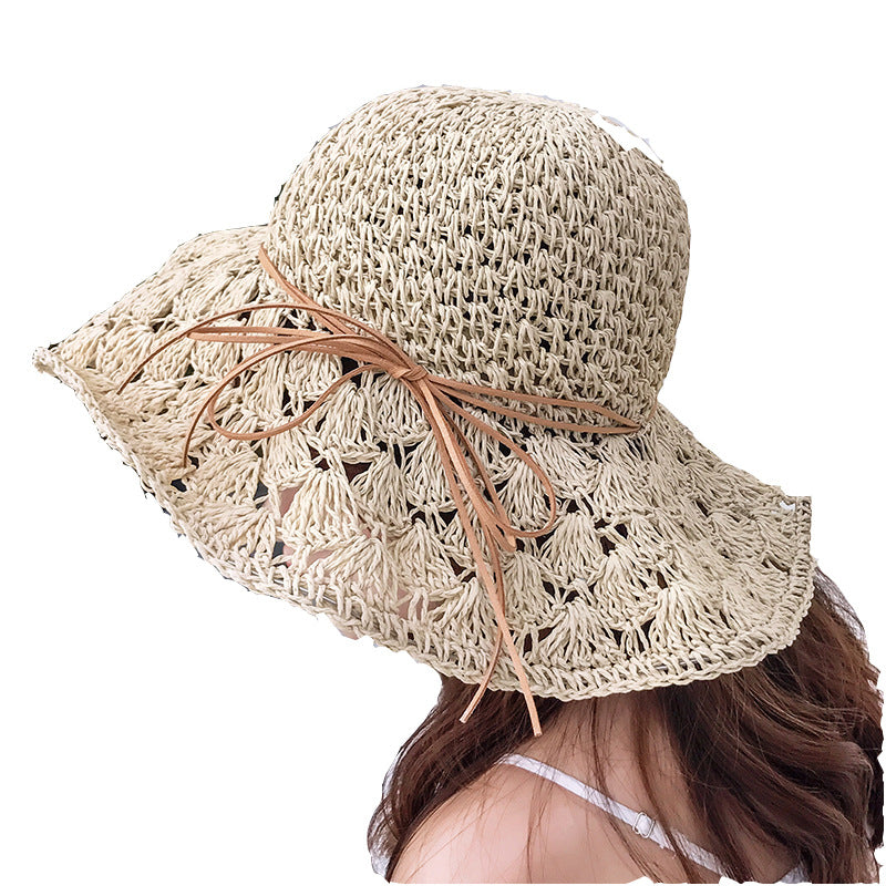 Korean New Style Foldable Raffia Straw Hat Women Handmade Crochet Raffia Straw Hat Hollow Sunscreen Sun Hat