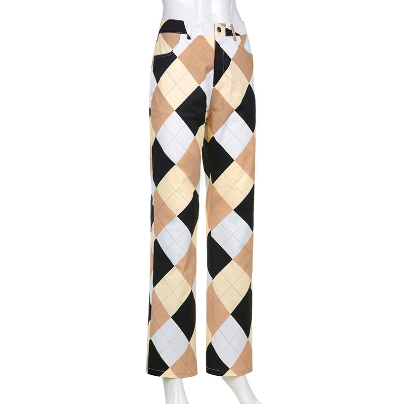 Plaid Multi Color Block Cargo Pants Women Vintage Trousers