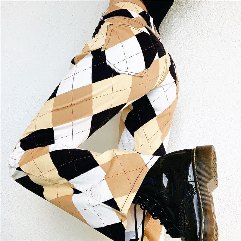 Plaid Multi Color Block Cargo Pants Women Vintage Trousers