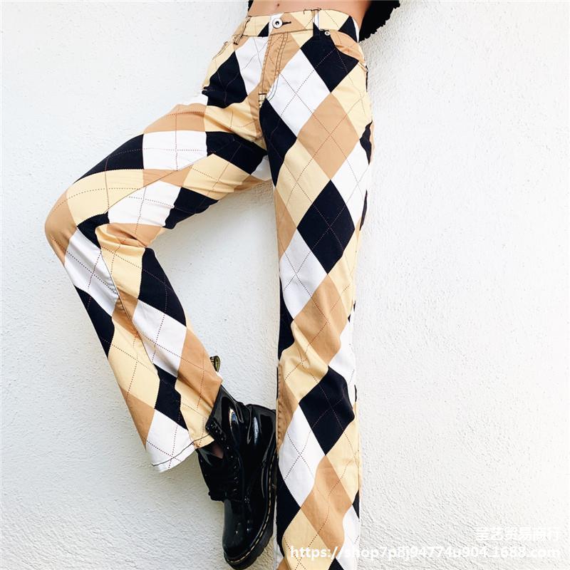 Plaid Multi Color Block Cargo Pants Women Vintage Trousers