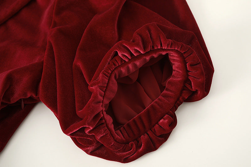 Vintage Red Bubble Sleeve Velvet Dress For Women