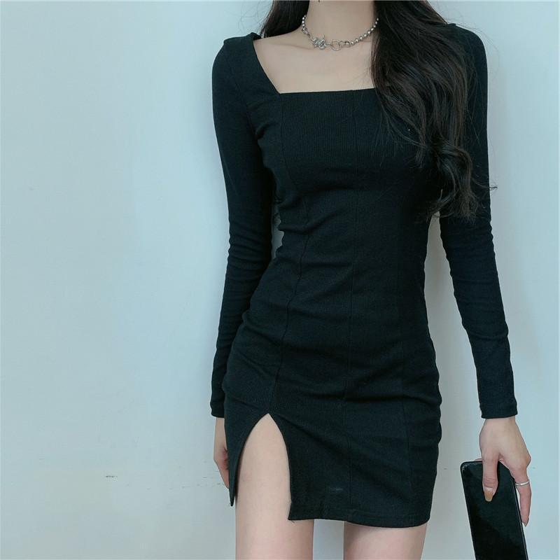 Vintage Square Neck Long Sleeve Knitted Slim Dress For Women
