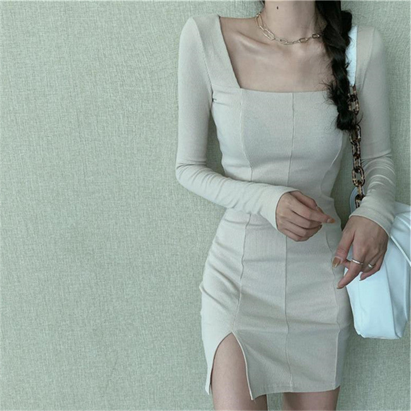Vintage Square Neck Long Sleeve Knitted Slim Dress For Women