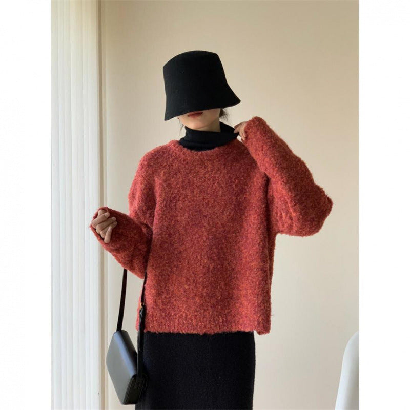Color Round Neck Pullover Furry Vintage Wool Circle Yellow Sweater For Women