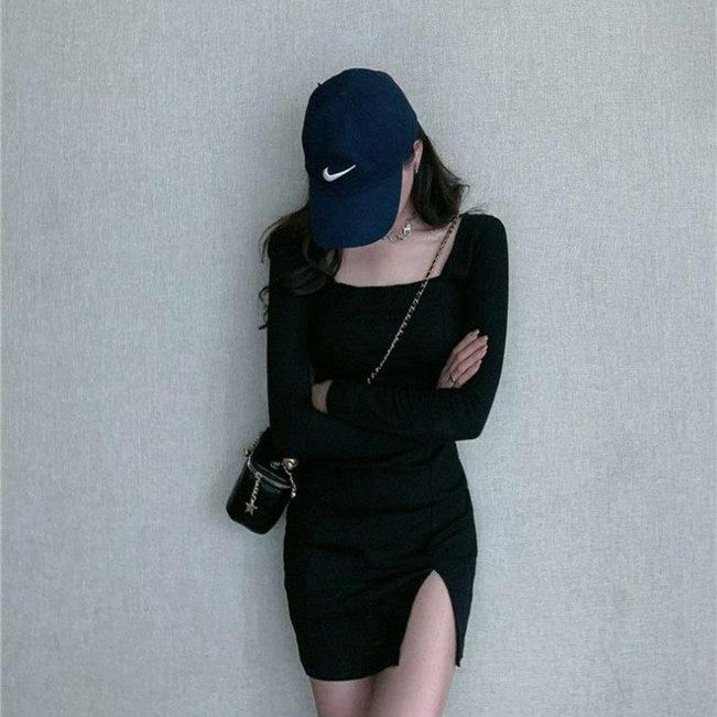 Vintage Square Neck Long Sleeve Knitted Slim Dress For Women