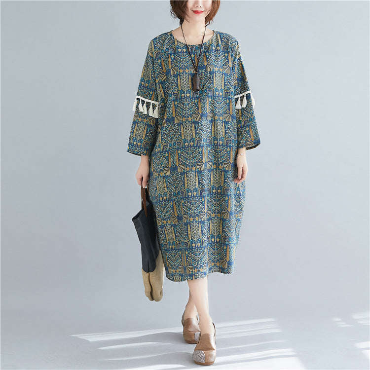 Cotton Linen Vintage Double Sleeve Fringe Dress Women