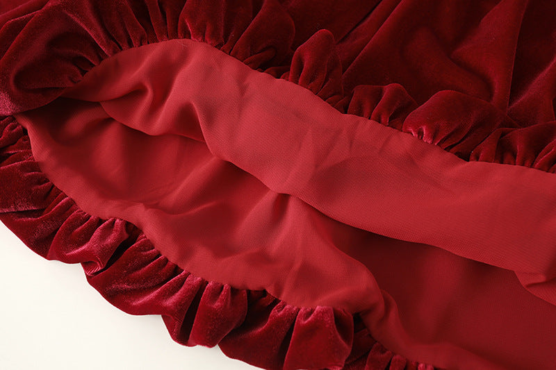 Vintage Red Bubble Sleeve Velvet Dress For Women