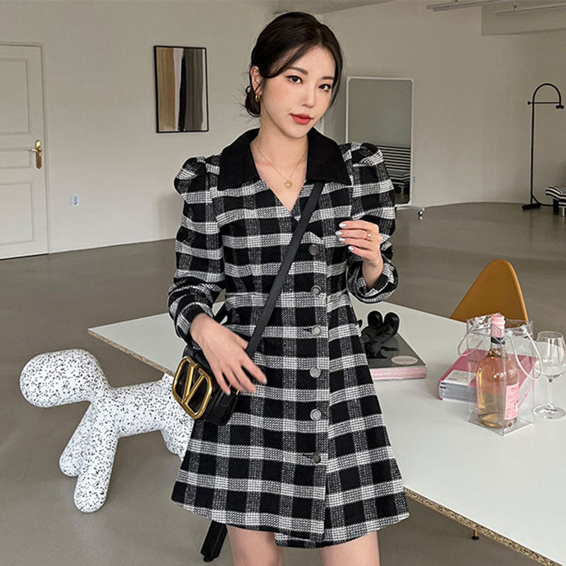 Vintage Color Contrast Check Pattern Waist Closing Bubble Sleeve Dress For Women