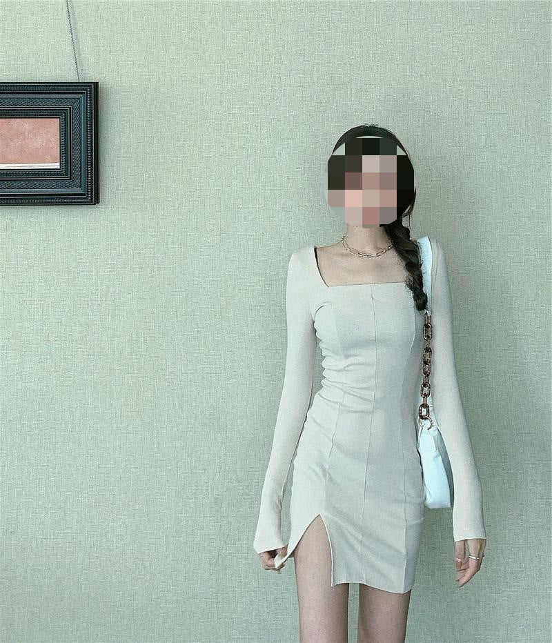 Vintage Square Neck Long Sleeve Knitted Slim Dress For Women
