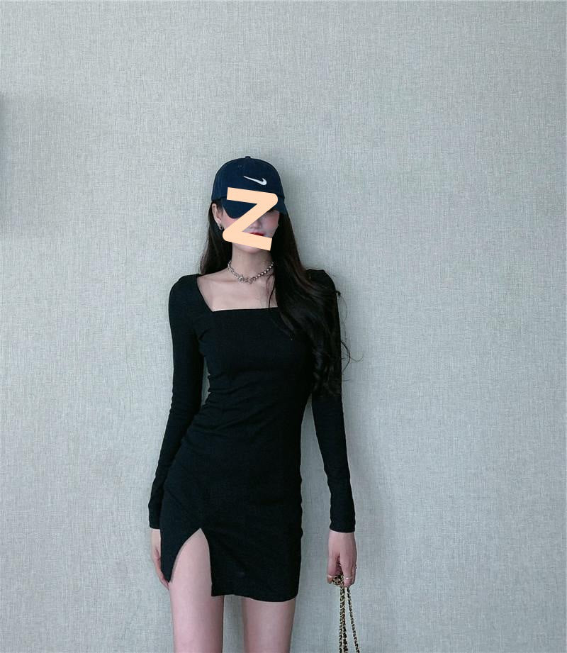 Vintage Square Neck Long Sleeve Knitted Slim Dress For Women