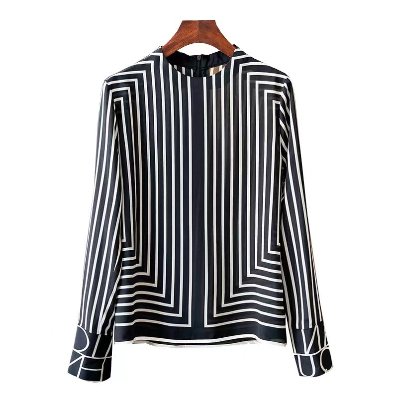 French High-end Vintage Stripe Silk Shirt For Women