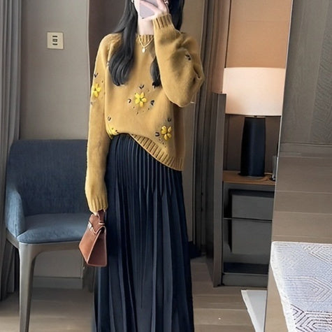 Orange-yellow Vintage Embroidered Sweater For Women Relaxed And Effortless Style