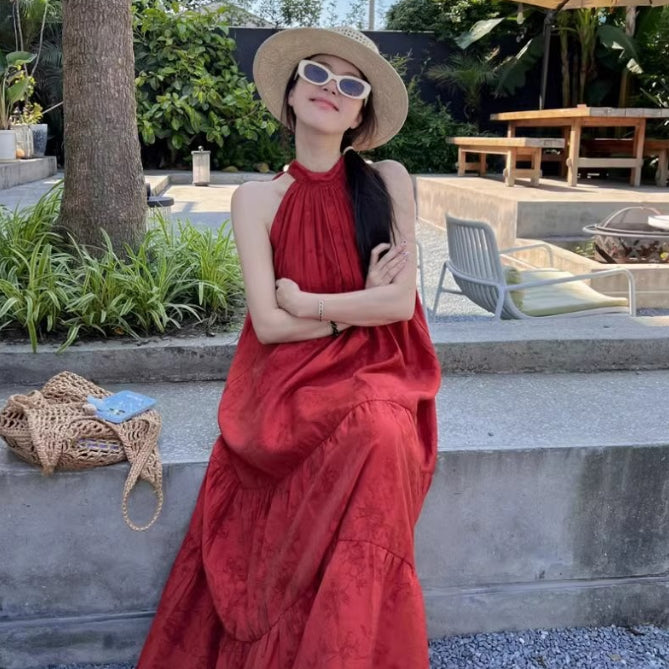 Vintage Chinese-style Jacquard Red Halter Dress For Women