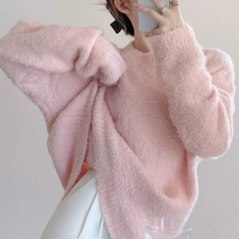 Color Round Neck Pullover Furry Vintage Wool Circle Yellow Sweater For Women
