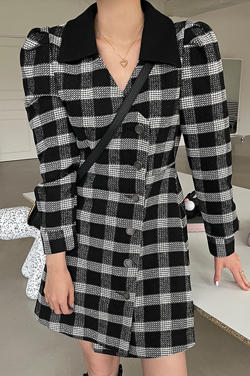Vintage Color Contrast Check Pattern Waist Closing Bubble Sleeve Dress For Women