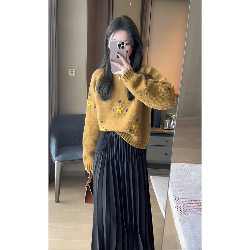 Orange-yellow Vintage Embroidered Sweater For Women Relaxed And Effortless Style