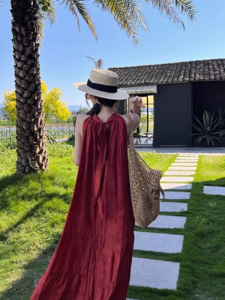 Vintage Chinese-style Jacquard Red Halter Dress For Women