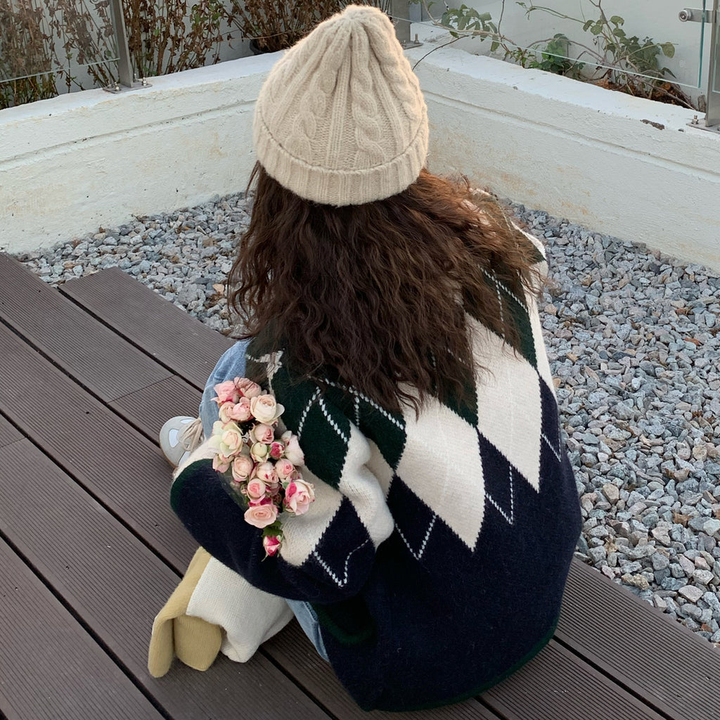 Vintage Rhombus Long Sleeve Knitted Cardigan Women