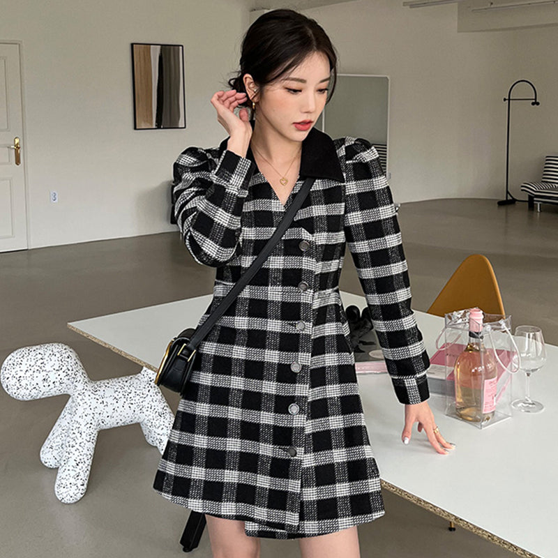 Vintage Color Contrast Check Pattern Waist Closing Bubble Sleeve Dress For Women