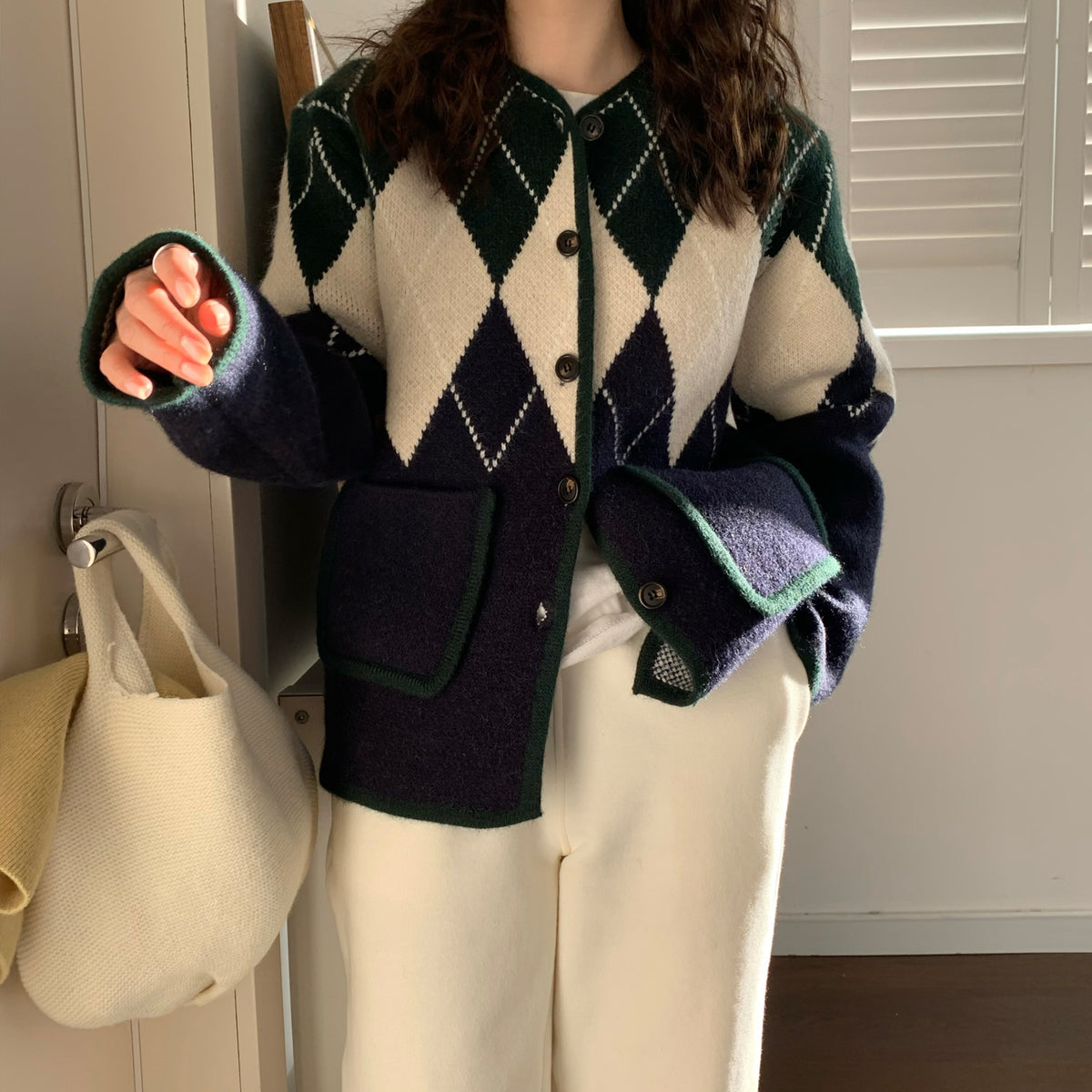 Vintage Rhombus Long Sleeve Knitted Cardigan Women