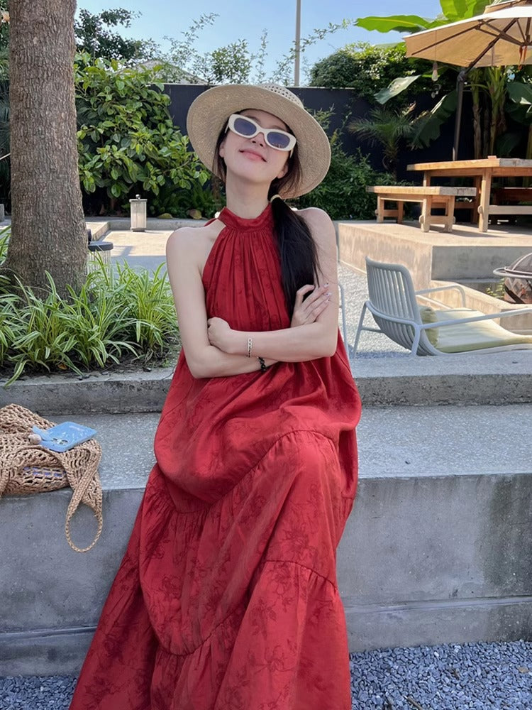 Vintage Chinese-style Jacquard Red Halter Dress For Women