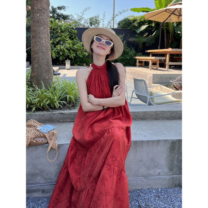 Vintage Chinese-style Jacquard Red Halter Dress For Women