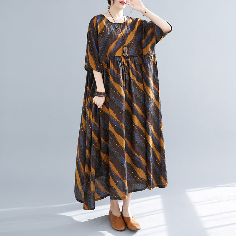 Vintage Large Loose Short-sleeved Printed Swing Dress For Women