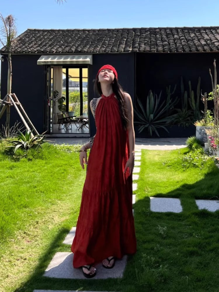 Vintage Chinese-style Jacquard Red Halter Dress For Women