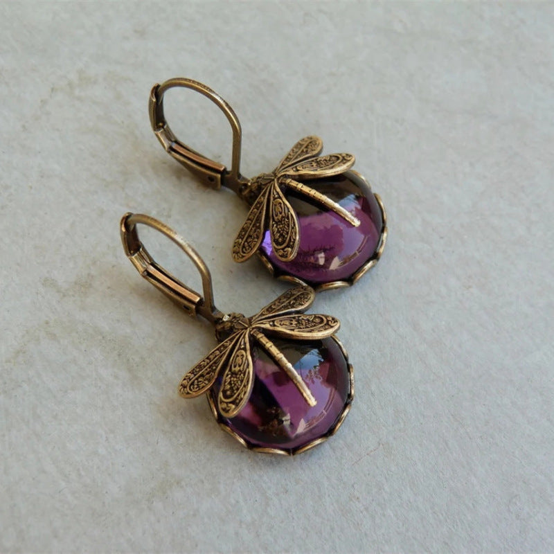Vintage Dragonfly Earrings Fashion Gold Color Metal Carving Pattern Inlaid Multicolour Moonstone Drop Earrings For Women