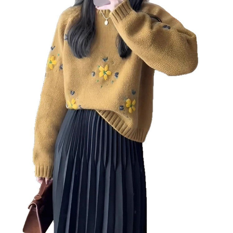 Orange-yellow Vintage Embroidered Sweater For Women Relaxed And Effortless Style