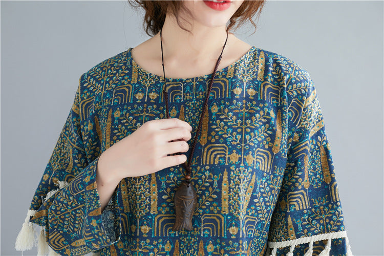 Cotton Linen Vintage Double Sleeve Fringe Dress Women