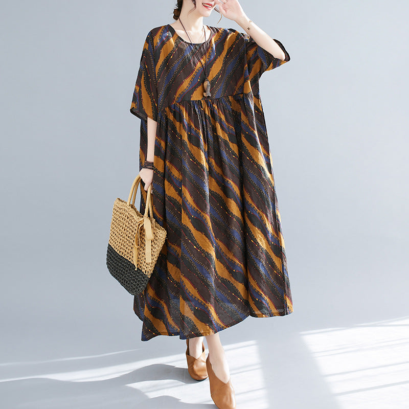 Vintage Large Loose Short-sleeved Printed Swing Dress For Women