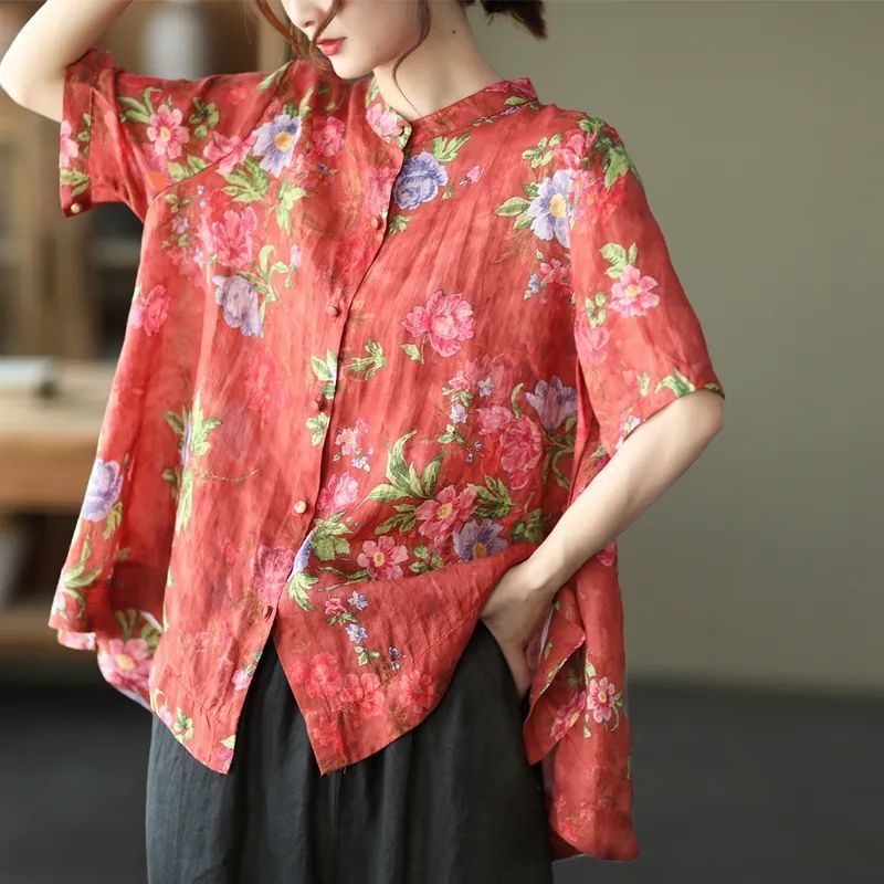 Vintage Digital Printed Cotton Linen Blouse For Women