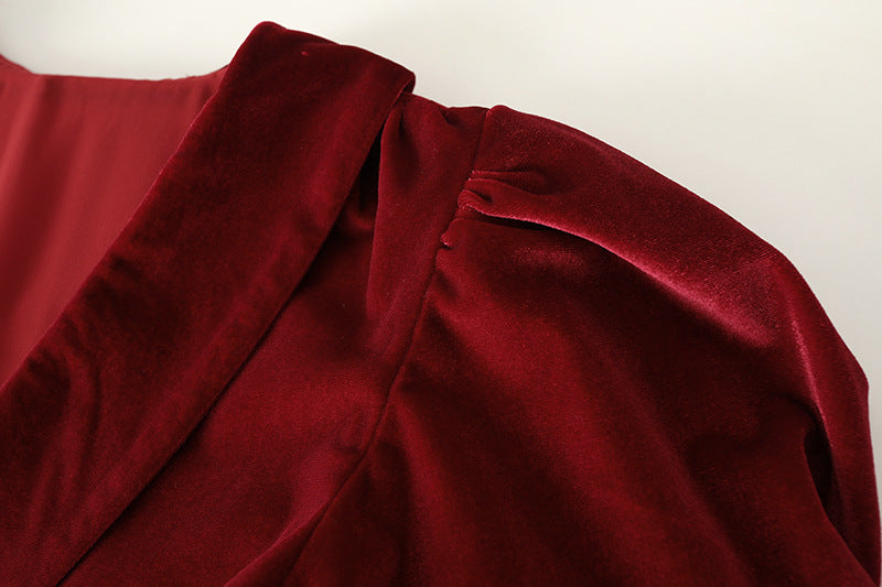 Vintage Red Bubble Sleeve Velvet Dress For Women