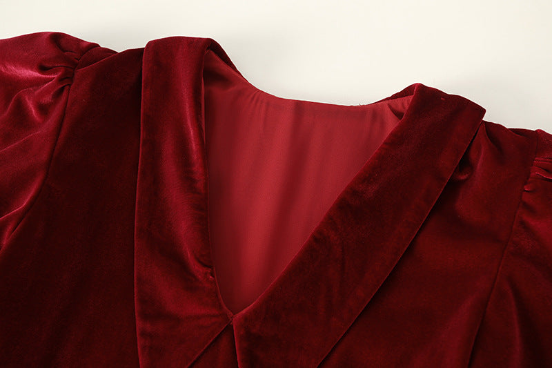 Vintage Red Bubble Sleeve Velvet Dress For Women