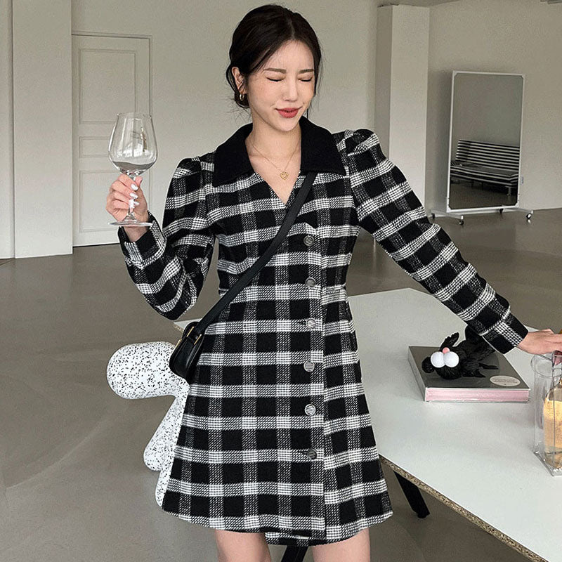 Vintage Color Contrast Check Pattern Waist Closing Bubble Sleeve Dress For Women