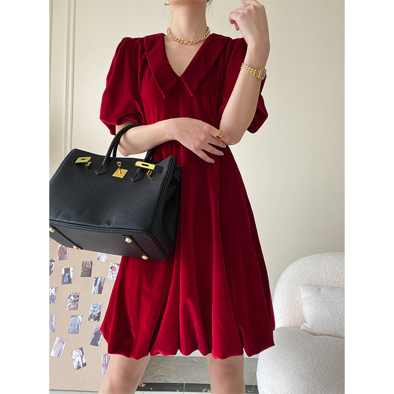 Vintage Red Bubble Sleeve Velvet Dress For Women