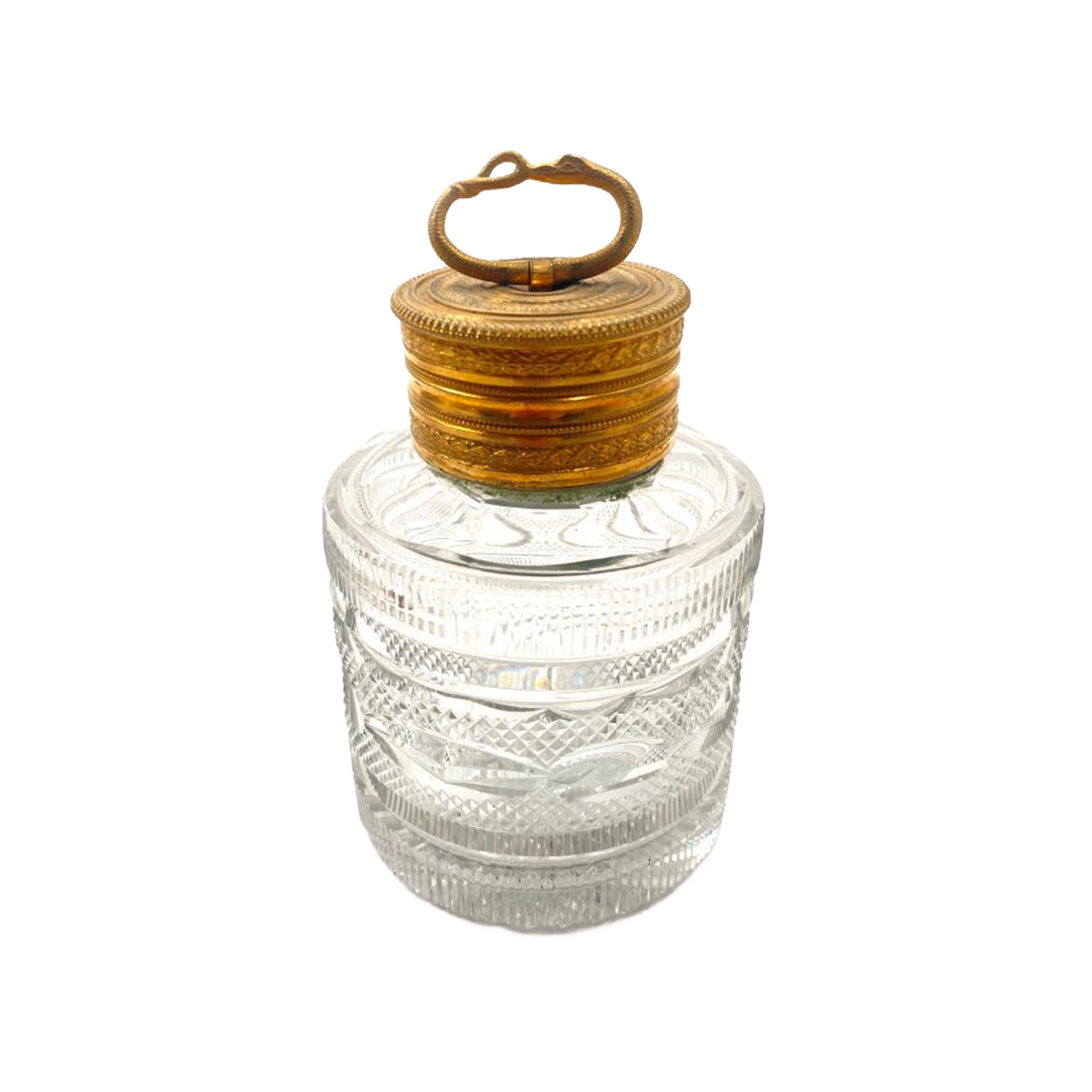 Vintage Glass Perfume Bottle with Ornate Gold Cap