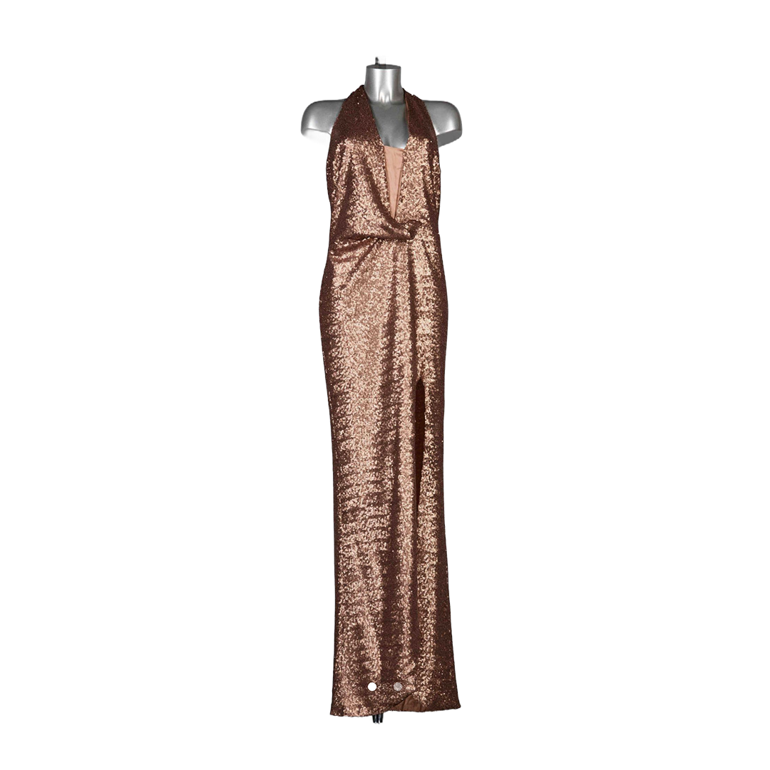 Women's Elegant Sequin Evening Gown - Long Halter Dress in Bronze