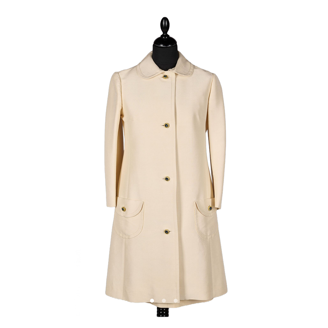 Women's Vintage Inspired Cream Coat with Pockets and Button Detail